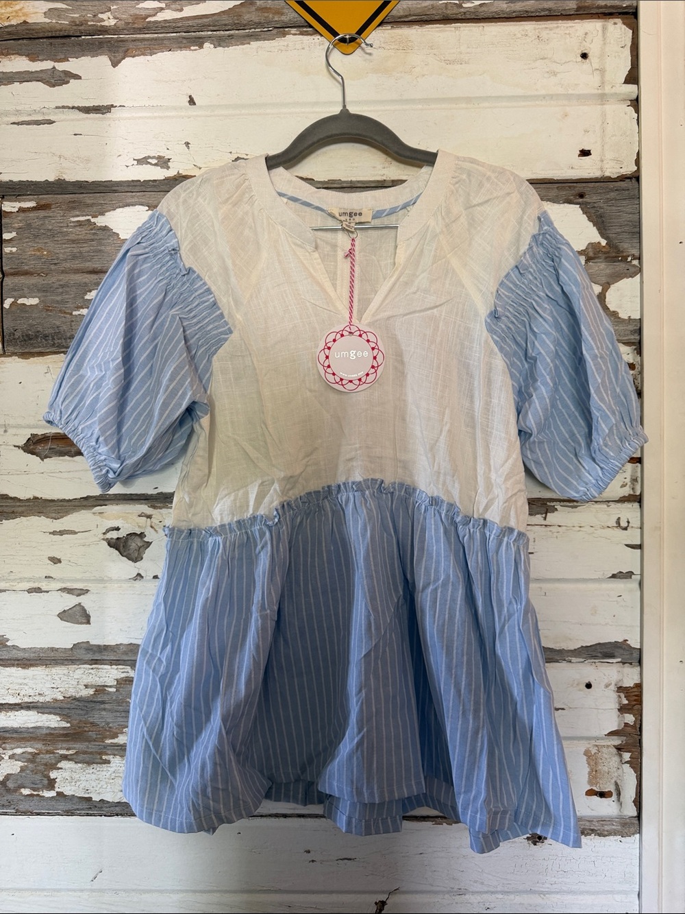 Umgee Cream and Light Blue Tiered Peasant Blouse